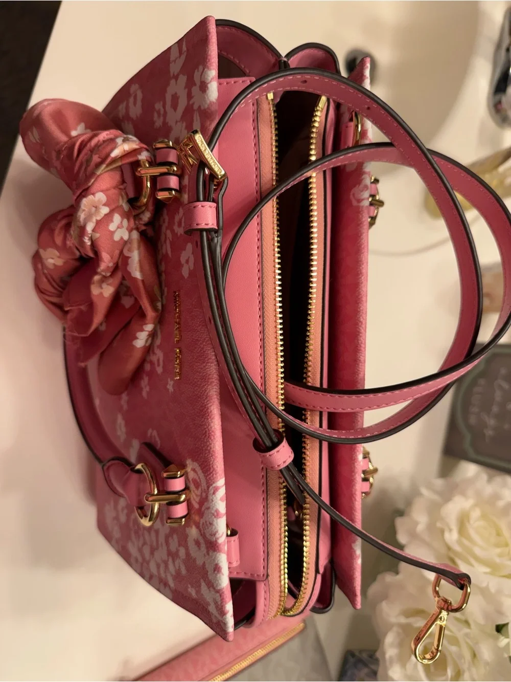 Michael Kors Pink Floral Satchel with Gold Hardware